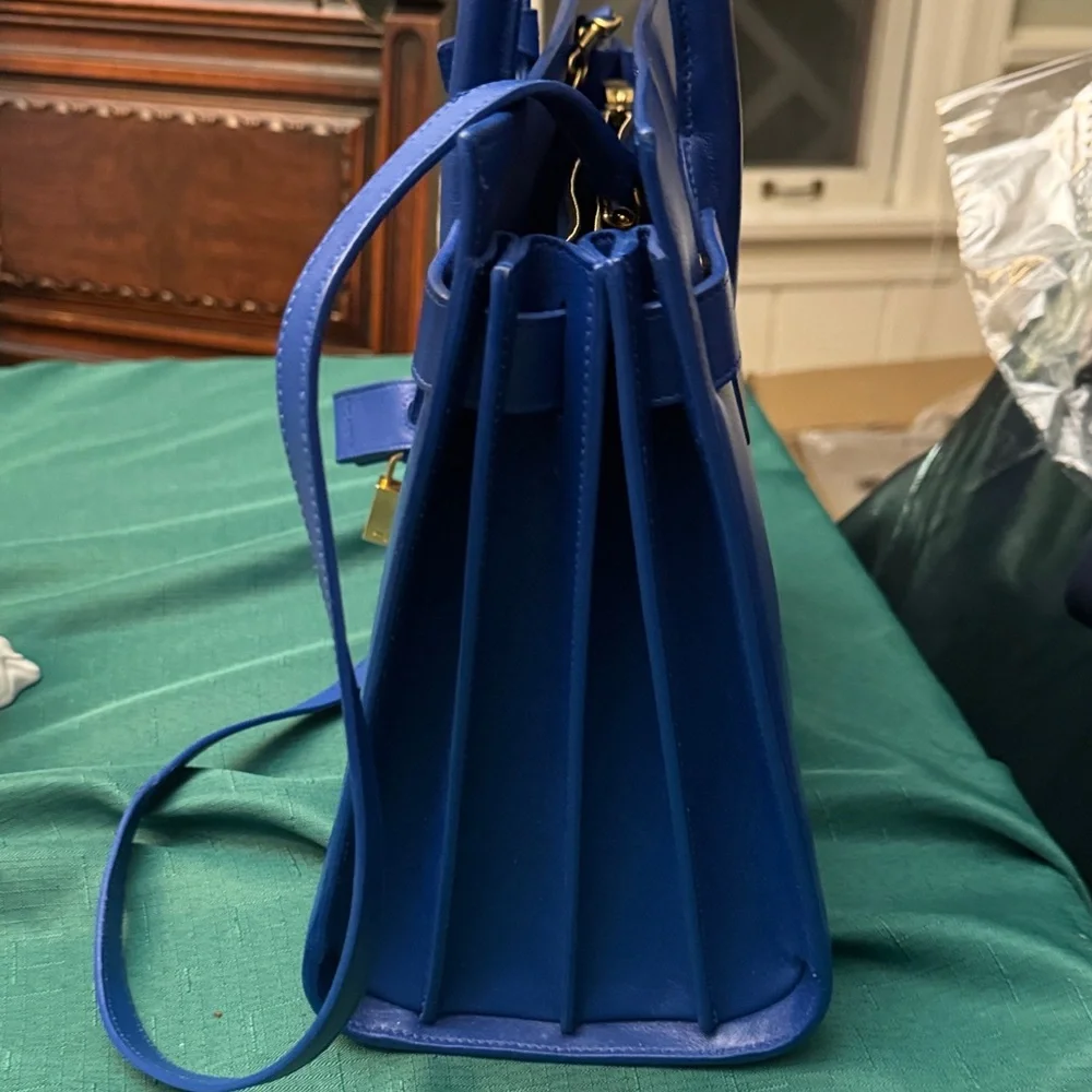 Saint Laurent Paris Electric Blue Leather Satchel with Gold Hardware Medium